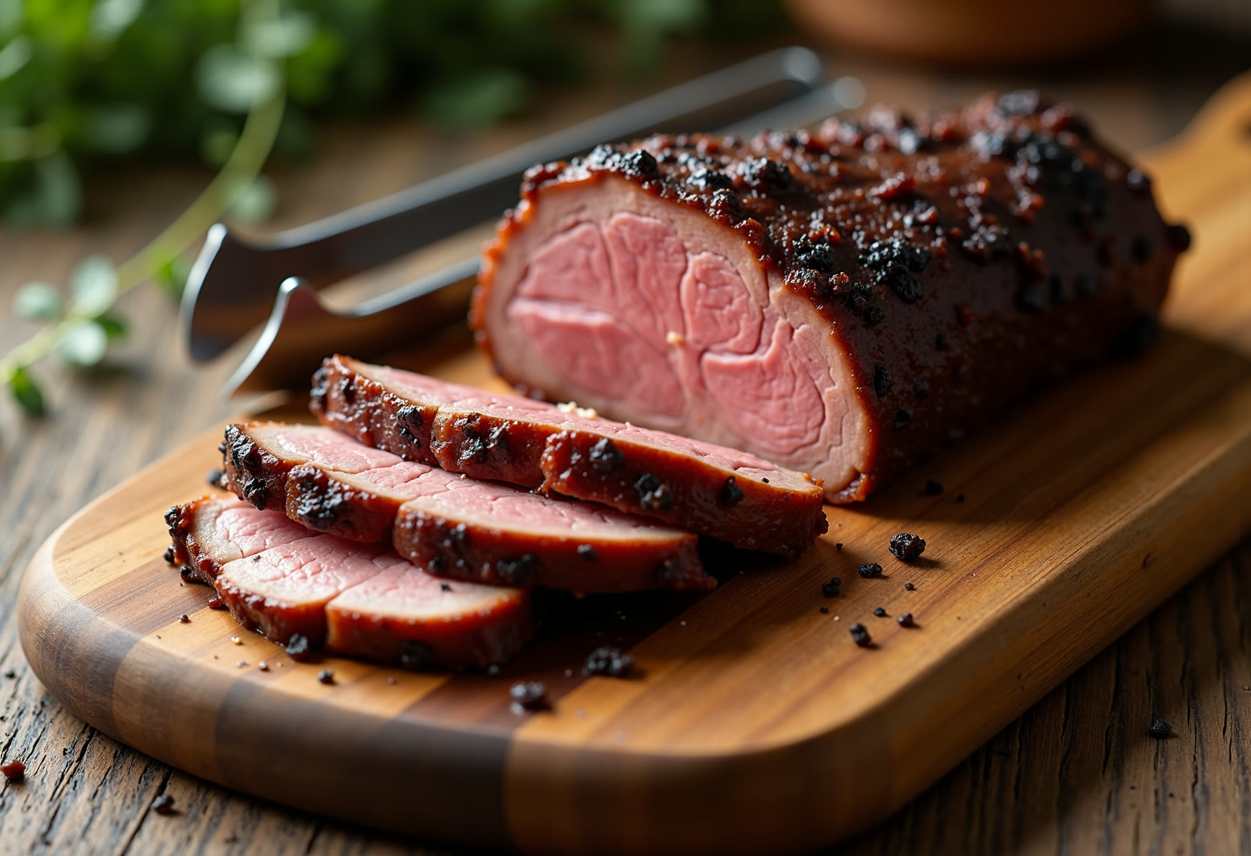 Smoked brisket sliced for a family-style dinner in Norman